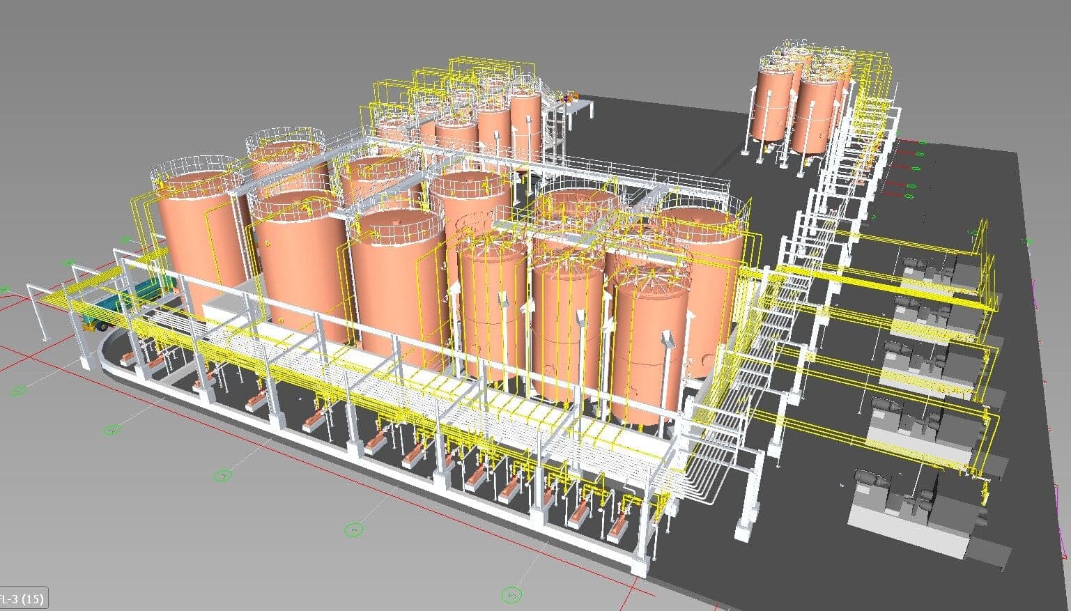 3D model of a tank farm with pipe racks and pump area