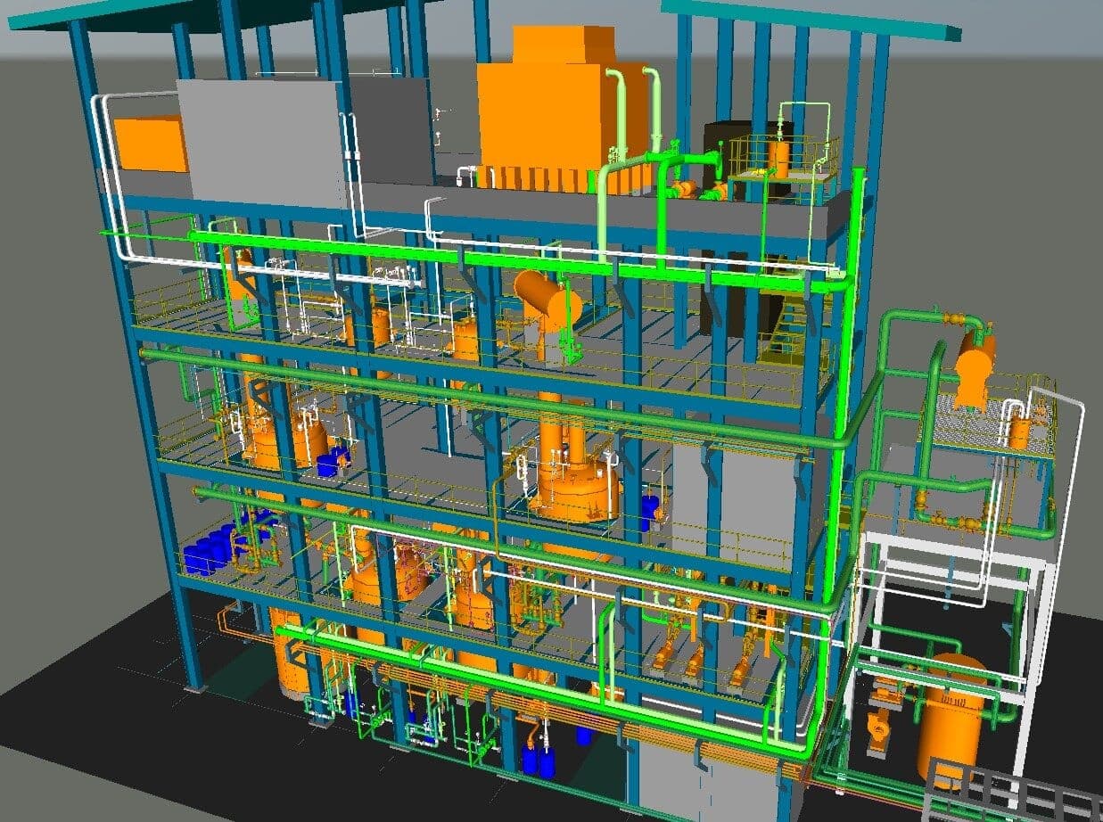 3D model of a multi-storey process structure with equipment and piping